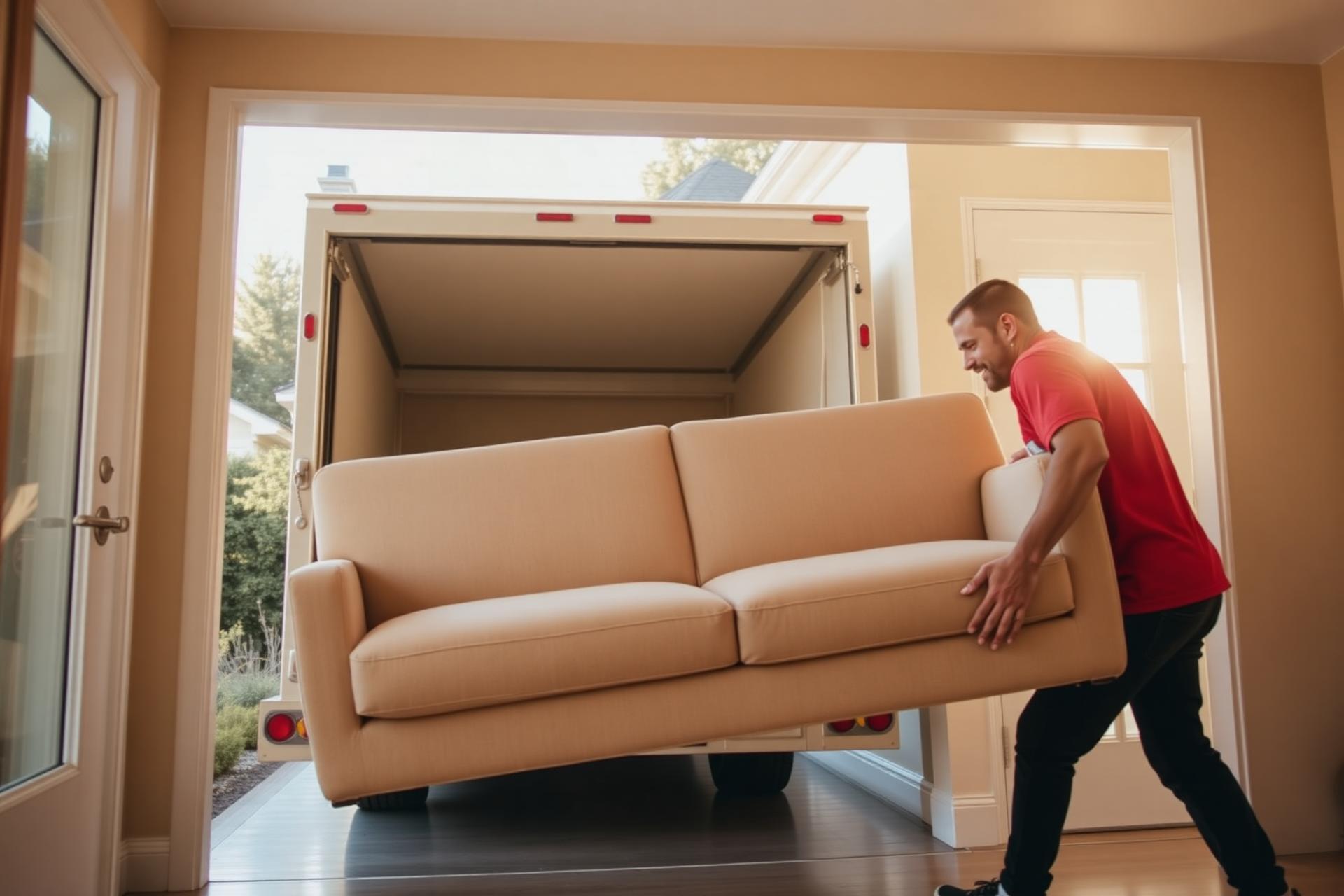 Professional movers carefully carrying a sofa into a Charleston home